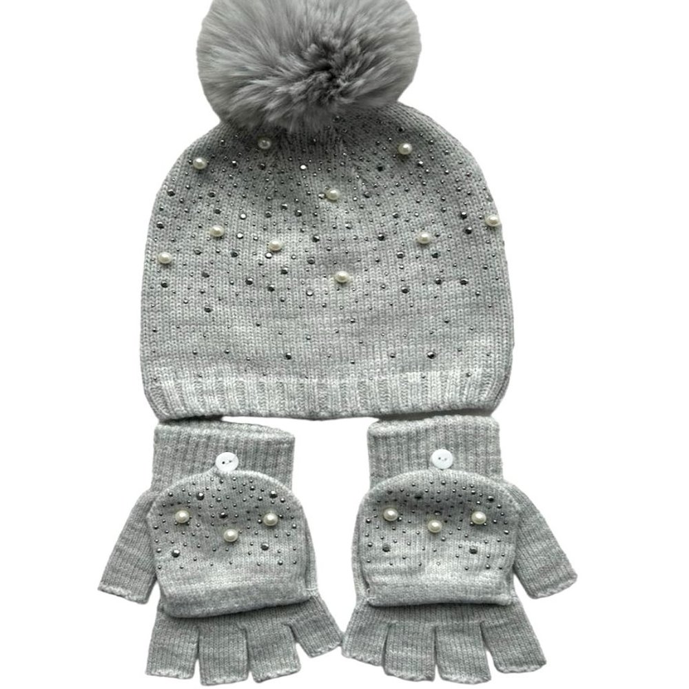 Women Gray Pom-pom Hat & Fingerless Gloves Set with Rhinestone and Pearl Design
